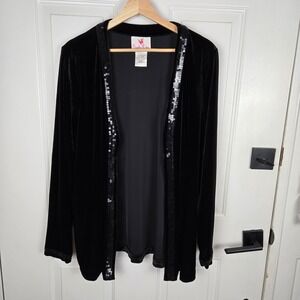 Quacker Factory Cardigan Large Black‎ Velvet Sequin Trim Open Front Party